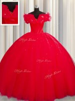 Discount Off The Shoulder Short Sleeves Tulle With Train Court Train Lace Up Sweet 16 Dress in Red with Ruching(SKU PSSW0499-3BIZ)
