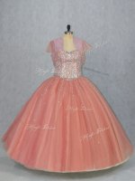 Watermelon Red Ball Gowns Tulle Sweetheart Sleeveless Beading Floor Length Lace Up Quince Ball Gowns