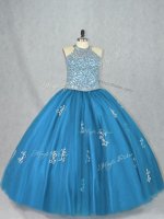 Stunning Halter Top Sleeveless Lace Up 15 Quinceanera Dress Blue Tulle(SKU PSSW1049-7BIZ)