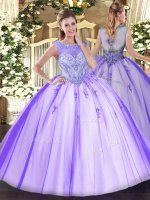 Tulle Scoop Sleeveless Zipper Beading and Appliques Quinceanera Gown in Lavender