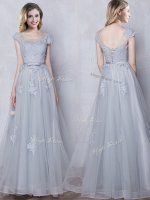 Scoop Floor Length Grey Dama Dress for Quinceanera Tulle Cap Sleeves Lace and Appliques and Belt