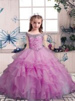Lilac Little Girl Pageant Dress Party and Sweet 16 and Wedding Party with Beading and Ruffles Off The Shoulder Sleeveless Lace Up