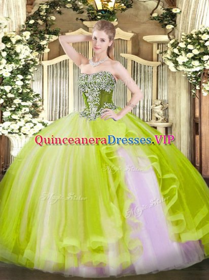 Sleeveless Tulle Floor Length Lace Up 15th Birthday Dress in Yellow Green with Beading and Ruffles - Click Image to Close