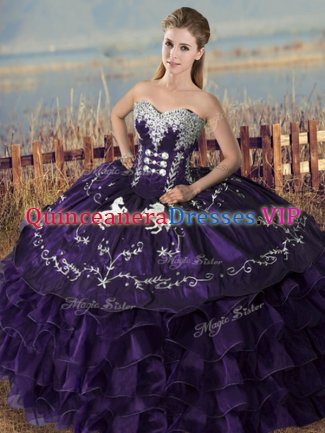 Extravagant Purple Ball Gowns Embroidery and Ruffles Sweet 16 Dresses Lace Up Organza Sleeveless Floor Length