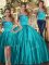 Teal Three Pieces Satin Halter Top Sleeveless Ruching Floor Length Lace Up Sweet 16 Dress