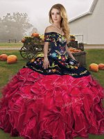 Discount Floor Length Lace Up Quinceanera Gowns Red And Black for Military Ball and Sweet 16 and Quinceanera with Embroidery and Ruffles