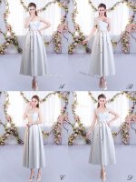 Silver Sleeveless Satin Lace Up Quinceanera Court Dresses for Wedding Party
