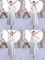 Silver Sleeveless Satin Lace Up Quinceanera Court Dresses for Wedding Party