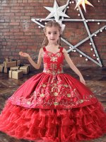 Floor Length Red Pageant Gowns For Girls Satin and Organza Sleeveless Embroidery and Ruffled Layers