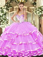 Fancy Floor Length Lilac Sweet 16 Quinceanera Dress Organza Sleeveless Beading and Ruffled Layers