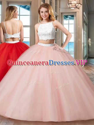 Attractive Pink Straps Neckline Beading Quinceanera Dresses Sleeveless Backless