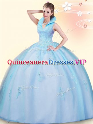 Glittering Baby Blue Sleeveless Tulle Backless 15 Quinceanera Dress for Military Ball and Sweet 16 and Quinceanera