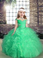 Organza Straps Sleeveless Lace Up Beading and Ruffles and Ruching Pageant Dress for Teens in Apple Green