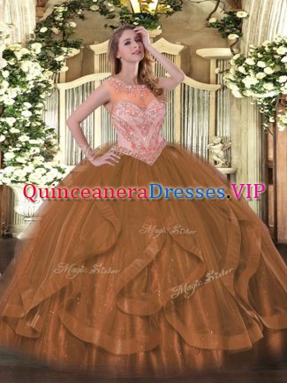 Brown Ball Gowns Beading and Ruffles 15th Birthday Dress Lace Up Tulle Sleeveless Floor Length