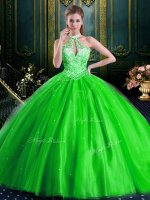 Excellent Halter Top Sleeveless Tulle Lace Up 15 Quinceanera Dress for Military Ball and Sweet 16 and Quinceanera