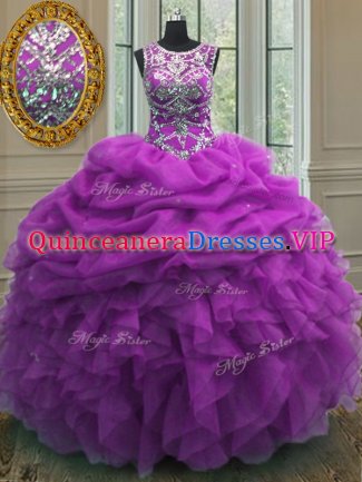 Elegant Scoop Sleeveless Organza 15th Birthday Dress Beading and Ruffles and Pick Ups Lace Up
