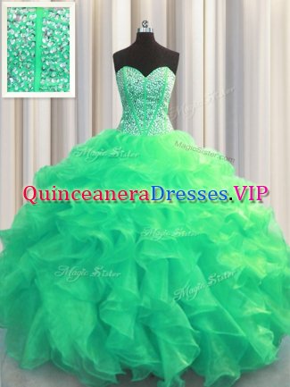 Glamorous Visible Boning Sweetheart Sleeveless Lace Up 15 Quinceanera Dress Turquoise Organza