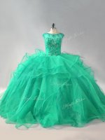 Best Turquoise Sleeveless Beading and Ruffles Lace Up 15 Quinceanera Dress