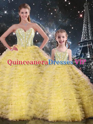 Trendy Sleeveless Floor Length Beading and Ruffles Lace Up Sweet 16 Dress with Yellow