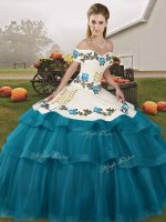 New Style Lace Up Sweet 16 Quinceanera Dress Teal for Military Ball and Sweet 16 and Quinceanera with Embroidery and Ruffled Layers Brush Train(SKU SJQDDT2139002-5BIZ)