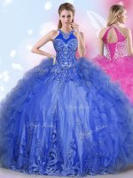 Admirable Halter Top Royal Blue Sleeveless Tulle Lace Up Vestidos de Quinceanera for Military Ball and Sweet 16 and Quinceanera