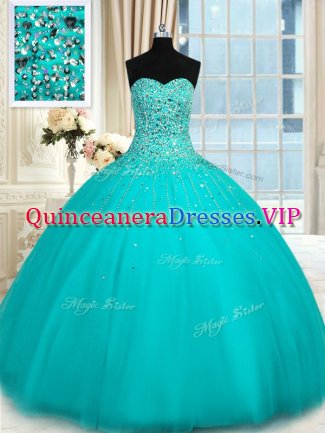 Classical Sweetheart Sleeveless Quinceanera Dress Floor Length Beading Turquoise Tulle