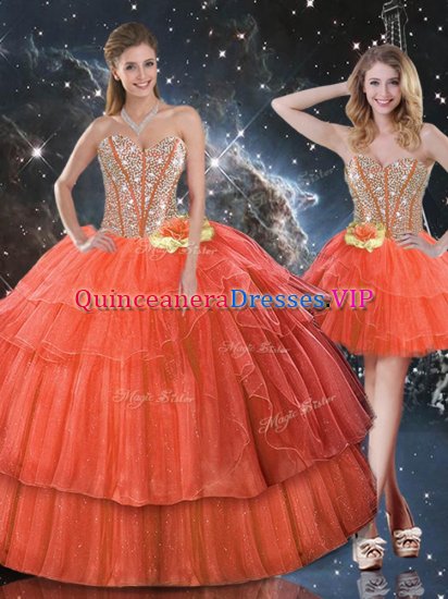 Rust Red Ball Gowns Ruffled Layers and Sequins Military Ball Gown Lace Up Organza Sleeveless Floor Length - Click Image to Close
