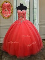 Coral Red Organza Lace Up 15th Birthday Dress Sleeveless Floor Length Beading(SKU PSSW071-6BIZ)