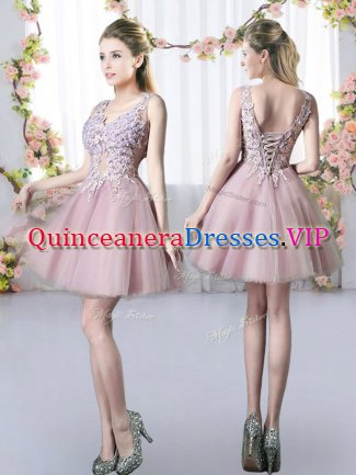 Pink A-line V-neck Sleeveless Tulle Mini Length Lace Up Appliques Damas Dress
