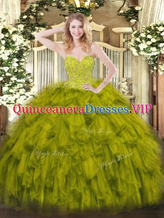 Olive Green Organza Lace Up Sweetheart Sleeveless Floor Length Vestidos de Quinceanera Beading and Ruffles