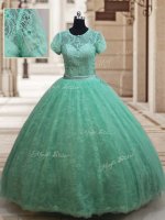 Flirting Scoop Apple Green Short Sleeves Lace Floor Length Quinceanera Gowns