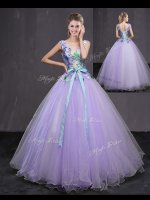 Affordable Floor Length Lace Up Sweet 16 Quinceanera Dress Lavender for Military Ball and Sweet 16 and Quinceanera with Beading and Belt(SKU YCQD0168-8BIZ)
