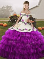 Edgy White And Purple Lace Up Quinceanera Gown Embroidery and Ruffled Layers Sleeveless Floor Length