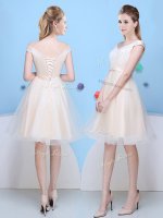 High Quality Champagne Lace Up Dama Dress for Quinceanera Bowknot Cap Sleeves Knee Length