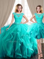Extravagant Three Piece Scoop Cap Sleeves Sweet 16 Dresses Floor Length Brush Train Beading and Appliques and Ruffles Aqua Blue Tulle