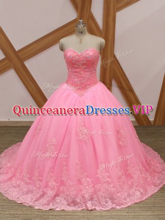Rose Pink Sleeveless Brush Train Beading and Lace Quinceanera Dresses