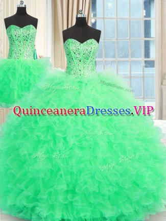 Gorgeous Three Piece Apple Green Lace Up 15th Birthday Dress Beading and Ruffles Sleeveless Floor Length