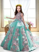 Turquoise Sleeveless Satin Court Train Backless Pageant Gowns For Girls for Wedding Party