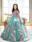 Turquoise Sleeveless Satin Court Train Backless Pageant Gowns For Girls for Wedding Party