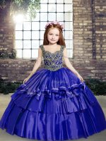 Stunning Blue Lace Up Straps Beading Pageant Dress for Girls Taffeta Sleeveless