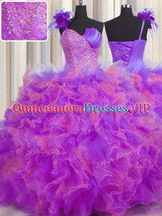 Sexy One Shoulder Handcrafted Flower Multi-color Ball Gowns Beading and Ruffles and Hand Made Flower Military Ball Dresses For Women Lace Up Tulle Sleeveless Floor Length