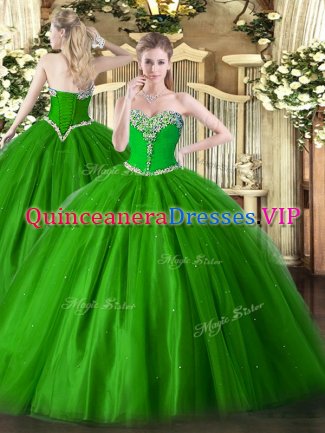 Green Tulle Lace Up Quinceanera Dress Sleeveless Floor Length Beading