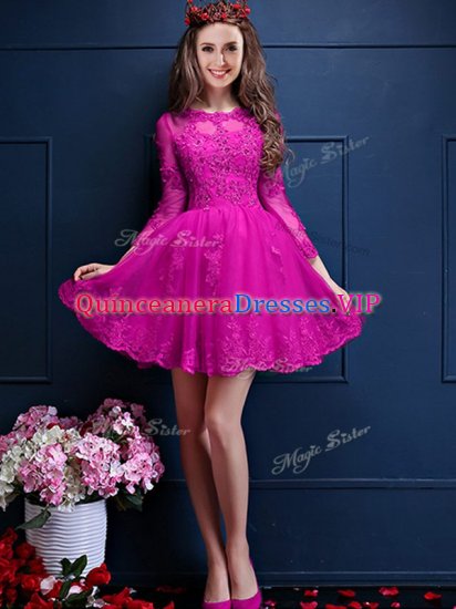 Traditional Fuchsia Lace Up Quinceanera Dama Dress Beading and Lace and Appliques 3 4 Length Sleeve Mini Length - Click Image to Close