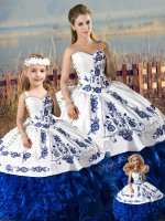 Traditional Blue And White Ball Gowns Embroidery and Ruffles 15th Birthday Dress Lace Up Organza Sleeveless Floor Length