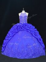 Eye-catching Sleeveless Floor Length Beading and Appliques and Embroidery and Pick Ups Lace Up Quinceanera Gown with Royal Blue