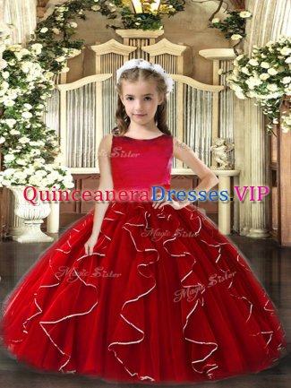 Sleeveless Floor Length Ruffles Lace Up Child Pageant Dress with Red