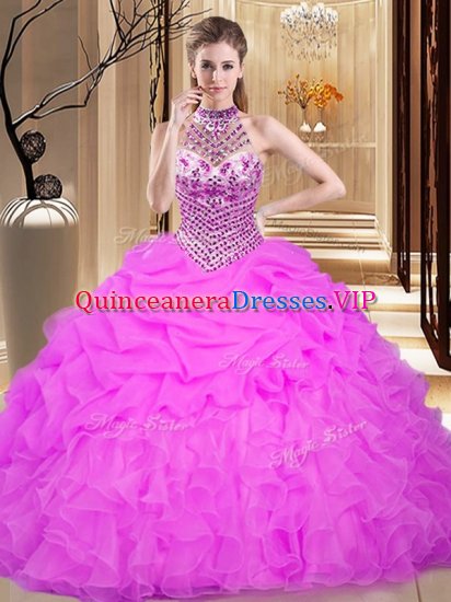 Elegant Halter Top Pick Ups Lilac Sleeveless Organza Lace Up Quince Ball Gowns for Military Ball and Sweet 16 and Quinceanera - Click Image to Close
