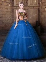 Sophisticated One Shoulder Blue Sleeveless Pattern Floor Length Sweet 16 Dress(SKU YCQD0157-6BIZ)