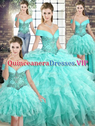 Custom Design Brush Train Ball Gowns Sweet 16 Dresses Aqua Blue Off The Shoulder Organza Sleeveless Lace Up
