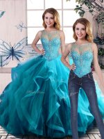 Aqua Blue Two Pieces Scoop Sleeveless Tulle Floor Length Lace Up Beading and Ruffles Quinceanera Gowns